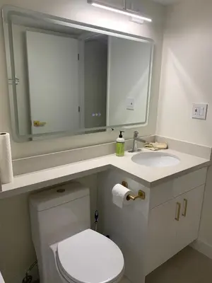 a bathroom with a toilet and a sink and a mirror at Modern 2-Bedroom suite in Burnaby