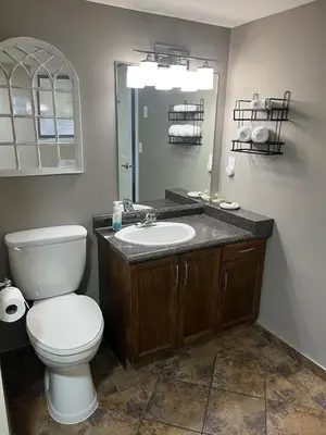 a bathroom with a toilet and a sink at 20 KLM from SilverStar with private Hot Tub in Vernon