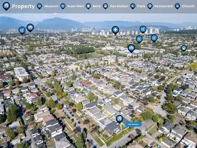 an aerial view of a city with blue circles at Sunny 1BR Detached Suite - Near City Center in Vancouver