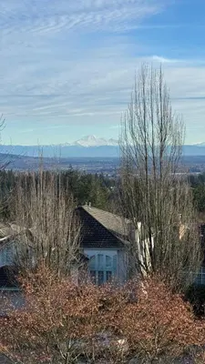 a house with trees and mountains in the background at Warm house1 in Coquitlam