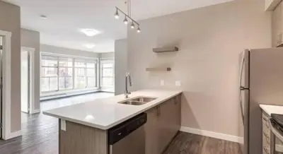 a white kitchen with a sink and a refrigerator at Mdx in Edmonton