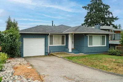 a blue house with a white garage at Modern Private 2 BR with 1 bath, 3 beds, West Van in West Vancouver