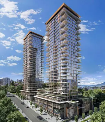 a rendering of two tall buildings in a city at Modern Brand New 1-Bedroom Condo in Downtown in Vancouver