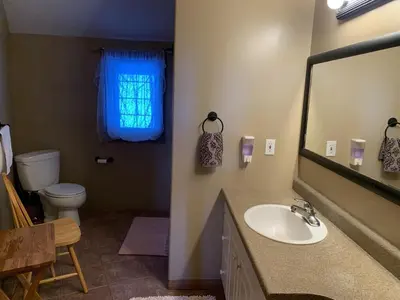 a bathroom with a sink and a toilet and a mirror at Snowed Inn Chalet by Fernie Central Reservations Right on the Slopes in Fernie