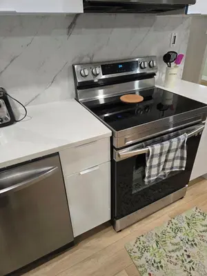 a kitchen with a stainless steel stove and a counter at Beautiful Serenity in Edmonton