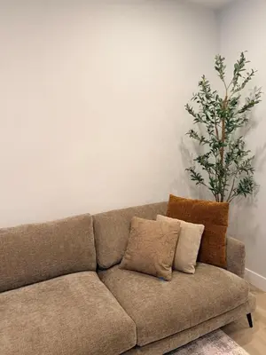 a couch with two pillows in a living room at Cozy and Family-friendly Newly built 3BR Home in Chestermere