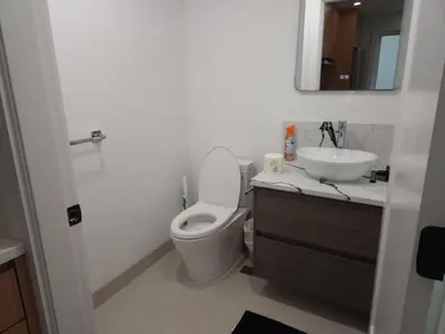 a bathroom with a toilet and a sink and a mirror at Vancouver Townhouse Family-Friendly with Street Parking & Balcony in Vancouver