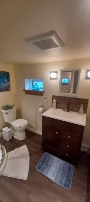a bathroom with a sink and a toilet and a mirror at Rosewood Garden Studio in New Westminster
