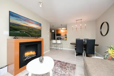 a living room with a fireplace and a tv at Modern Central Location with Pool Sauna & Jacuzzi in Vancouver