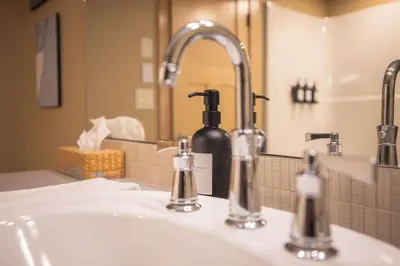 a bathroom sink with a bottle of wine in front of a mirror at Arnica Chalet 2bd 2bath Ski In Out Silver Star in Vernon