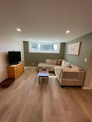 a living room with a couch and a tv at The Basement Suite on Paradise Hill in Prince George