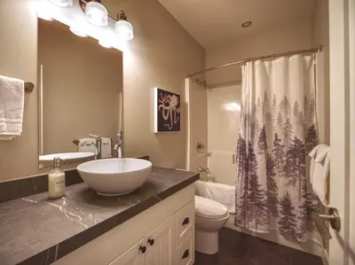 a bathroom with a sink and a toilet and a shower curtain at The Salty Dog - Oceanfront Getaway - Great View - Pet Friendly in Port Renfrew