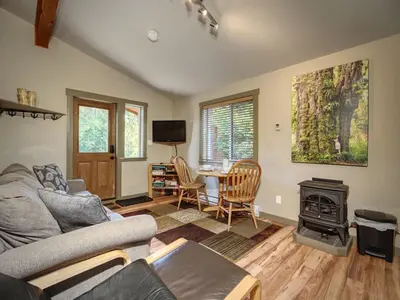 a living room with a couch and a stove at Explorers Retreat Private Sauna - Pet Friendly in Port Renfrew