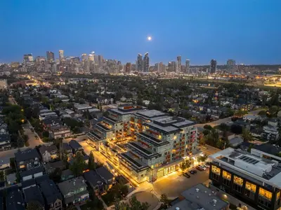 an overhead view of a city at night at Family Condo w Kids Den FREE Banff Pass in Calgary