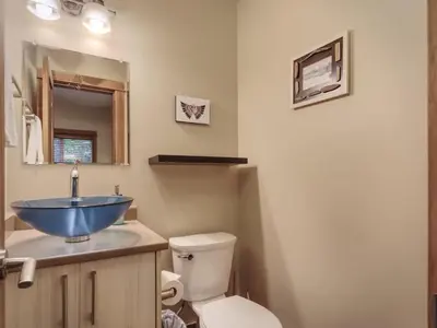 a bathroom with a blue sink and a toilet at Going Coastal ABC - Oceanfront - Pet Friendly in Port Renfrew