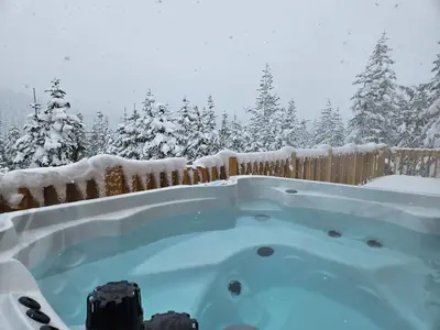 a hot tub covered in snow on a fence at Hot Tub - Sleep 12 - EV Charger J1772 - Forest View - Pet Friendly in Mount Washington
