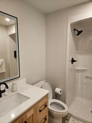 a bathroom with a toilet and a sink and a shower at Hot Tub - Sleep 12 - EV Charger J1772 - Forest View - Pet Friendly in Mount Washington