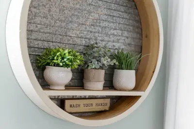 a circular shelf with three potted plants on it at Spacious Oceanview - 2 living rooms & fridges - Pet Friendly in Port Renfrew