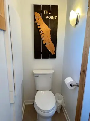 a bathroom with a toilet and a picture on the wall at The Point Partial - Hot tub - Sauna - view of San Juan Bay - Pet Friendly in Port Renfrew