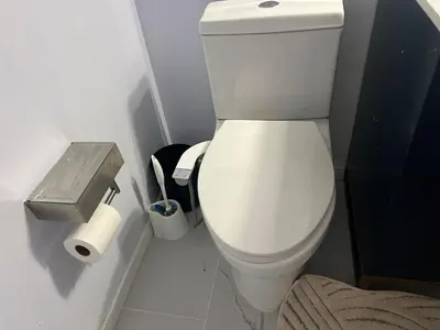 a white toilet in a bathroom with a roll of toilet paper at Cozy home in Calgary