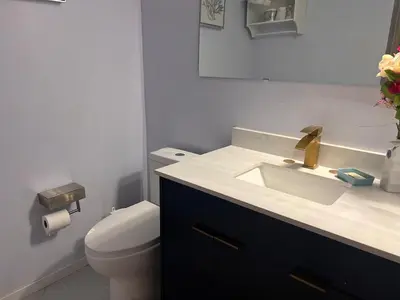 a bathroom with a sink and a toilet and a mirror at Cozy home in Calgary