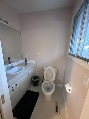 a bathroom with a toilet and a sink and a mirror at 3 Private rooms with built-in closet & desk in Edmonton