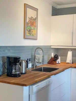 a kitchen with a sink and a counter top at Cozy 1 br apartment in Old Town by lake in Yellowknife