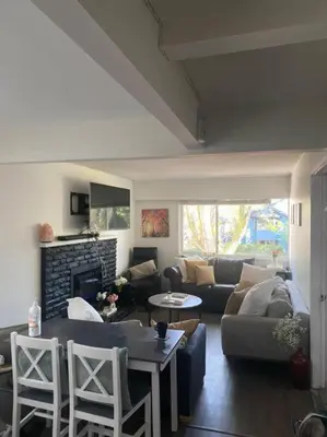 a living room with a couch and a fireplace at Quiet-comfy 4 bedroom house on a tree lined street in Kitsilano in Vancouver