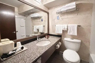 a bathroom with a toilet and a sink and a mirror at Rychter Hotel Hope in Hope