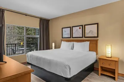 a hotel room with a bed and a window at Tranquil Condo In The Trees Spacious 2Bd Hot Tub & Pool in Canmore