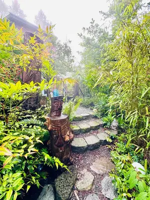 a path in a garden with rocks and plants at Magnolia Petal Accommodation in Salt Spring Island