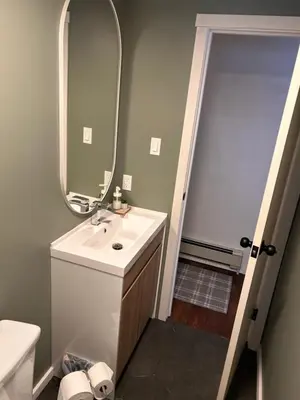 a bathroom with a sink and a mirror at Cozy Country Cabin in Lacombe