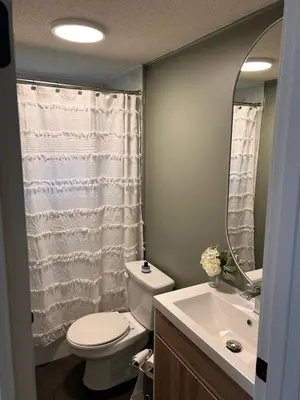 a bathroom with a toilet and a sink and a mirror at Cozy Country Cabin in Lacombe
