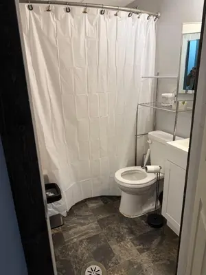 a bathroom with a toilet and a shower curtain at Cowboy Cabin- Lakefront Rental Northern Saskatchewan