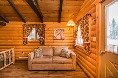 a living room with a couch in a log cabin at The Mustang Cabin - Bear Creek Cabins in Winfield