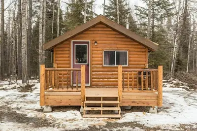 a cabin in the woods with snow on the ground at The Sheep Camp cabin- Bear Creek Cabins in Winfield