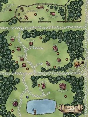 a map of a game with a town and buildings at The Moose cabin - Bear Creek Cabins in Winfield