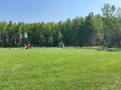 a large green field with picnic tables in the distance at The Moose cabin - Bear Creek Cabins in Winfield