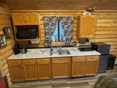 a kitchen with a sink and a microwave at The Longhorn cabin - Bear Creek Cabins in Winfield