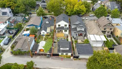 an aerial view of a residential neighborhood with houses at Fabulous Modern Home Near Downtown Vancouver in Vancouver