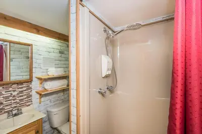 a bathroom with a shower and a toilet and a sink at The Wolf Cabin - Bear Creek Cabins in Winfield