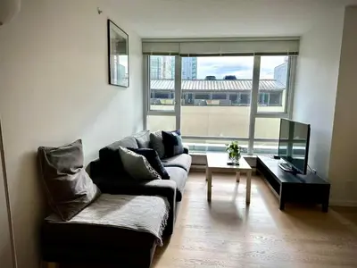 a living room with a couch and a tv at Pleasant and convenient 1B1B close to Richmond Center in Richmond