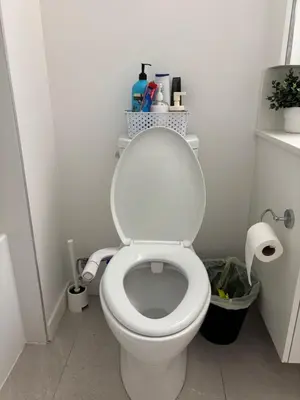 a bathroom with a toilet with a shelf on top of it at Cozy 1 bed and 1bath suit in Surrey