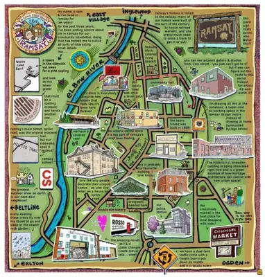 a map of an amusement park with attractions at Bright and Open Coziness. 10 minutes to Stampede in Calgary