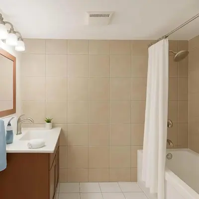a bathroom with a tub and a sink and a shower curtain at Poolside Shared Suite - Private Queen Room with Heated Pool in Victoria