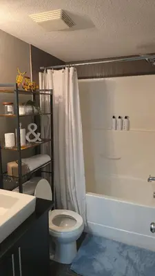 a bathroom with a white toilet and a bath tub at SkyHaven Urban Condo near YYC Airport in Calgary