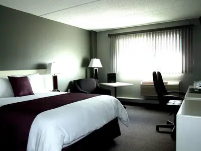 a hotel room with a bed and a window at Lakeland Inn Hotel in Cold Lake