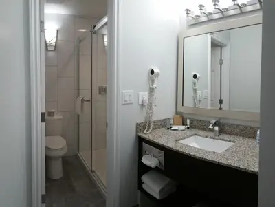 a bathroom with a sink and a toilet and a mirror at El Lobo Motel in Cold Lake