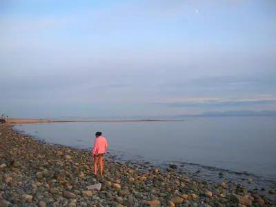 a person standing on a rocky beach near the water at Davis Bay Bed & Breakfast in Sechelt