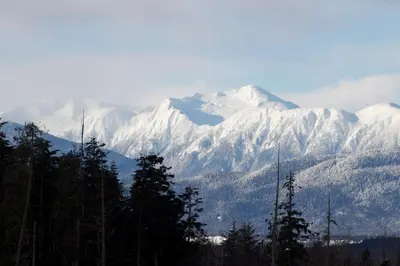 a snow covered mountain range with trees in the foreground at Holiday Inn Express & Suites Terrace by IHG in Terrace